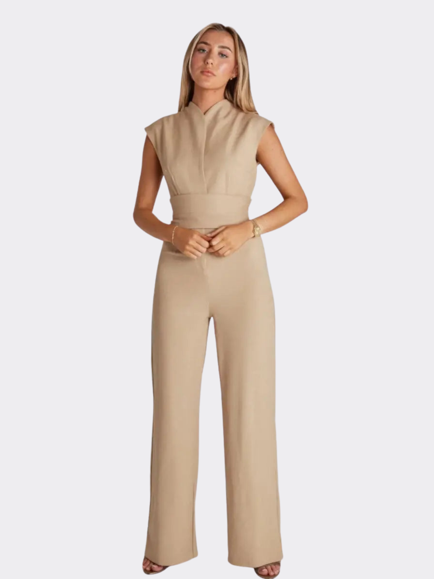 Women’s Sleeveless Tailored Jumpsuit – High Waist with Back Tie and Wide-Leg Trousers
