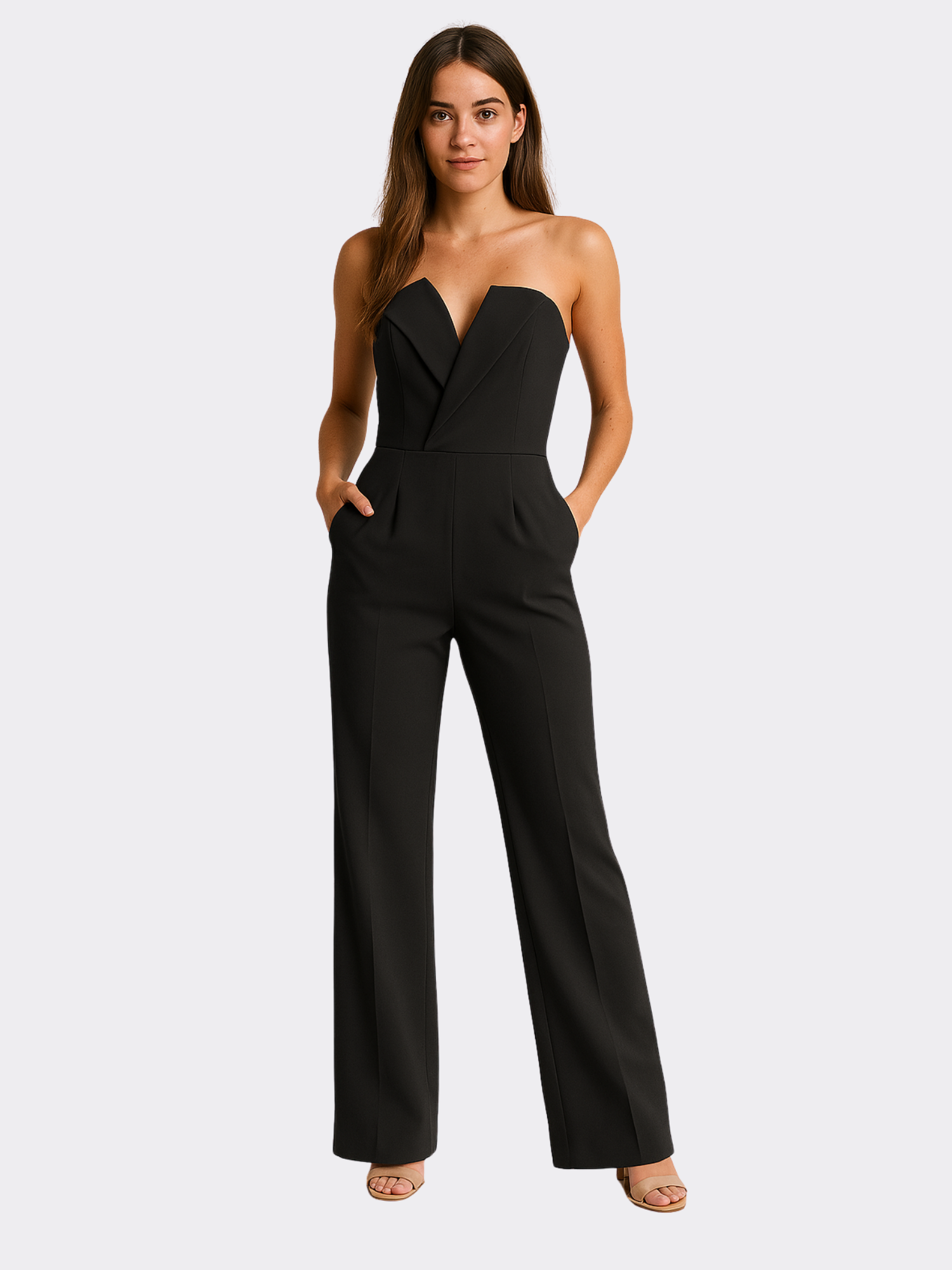 Women’s Sleeveless V-Neck Jumpsuit with Tailored Bodice and Wide-Leg Trousers