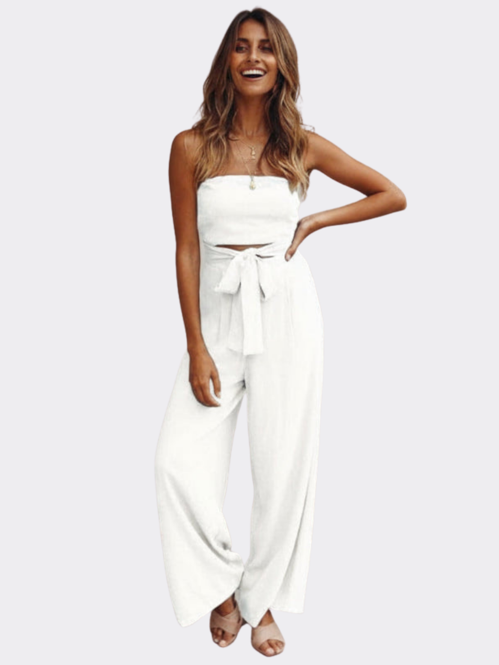 Women’s Strapless Bandeau Two-Piece Set – High-Waist Wide-Leg Trousers with Self-Tie Detail