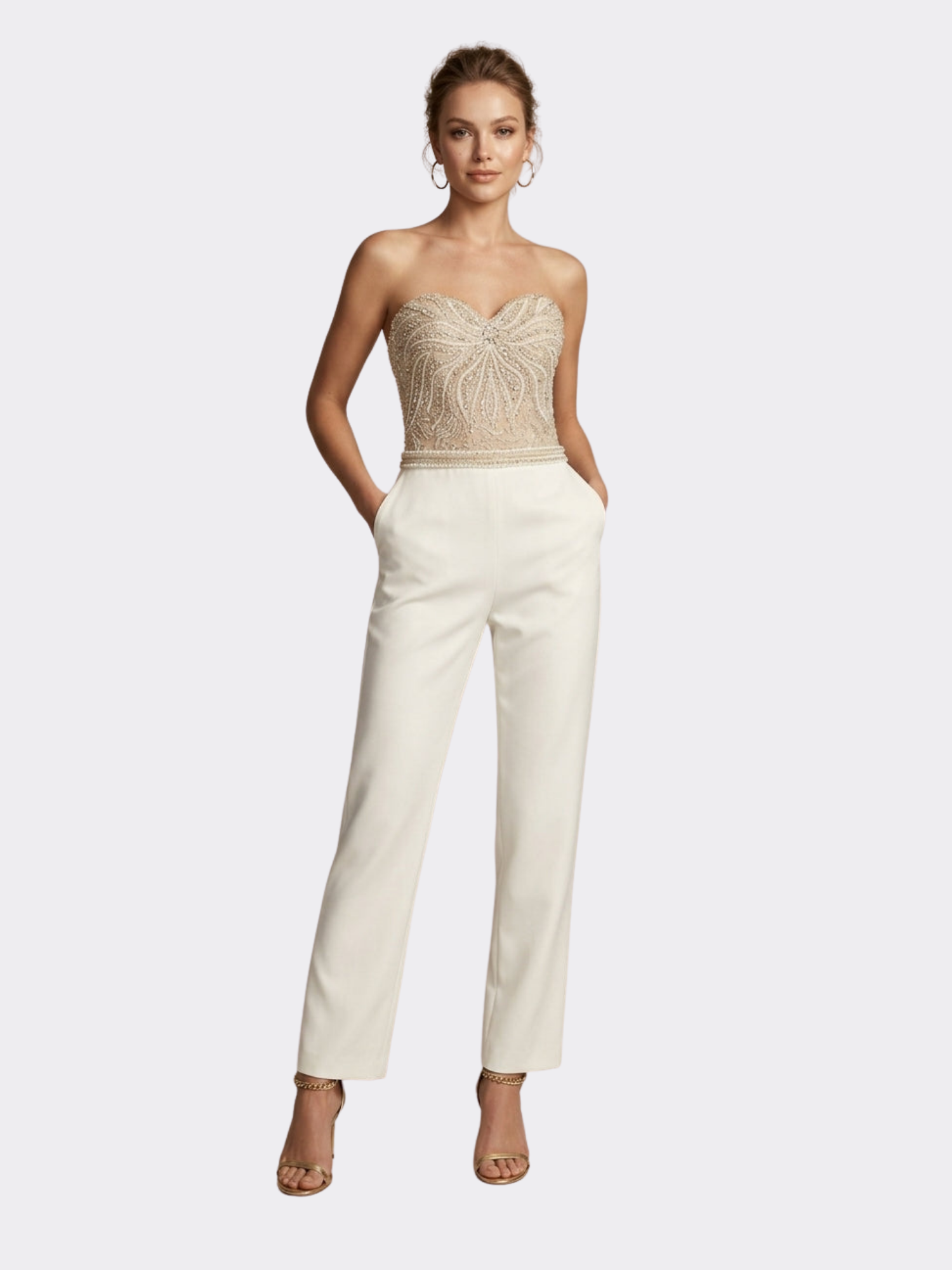 Women’s Strapless Sweetheart Neck Jumpsuit with Sequin Embellished Bodice and Straight-Leg Trousers