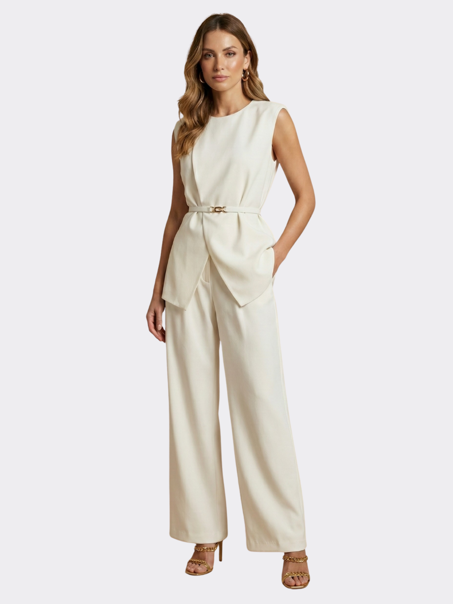 Women’s Structured Sleeveless Two-Piece Set – Wide-Leg Trousers Co-Ord