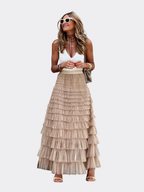 Women’s Tiered Maxi Skirt – High-Waist Elasticated Multi-Layer Design