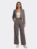 Women’s Two-Piece Suit Set – Grey Cropped Blazer – High-Waist Wide-Leg Trousers