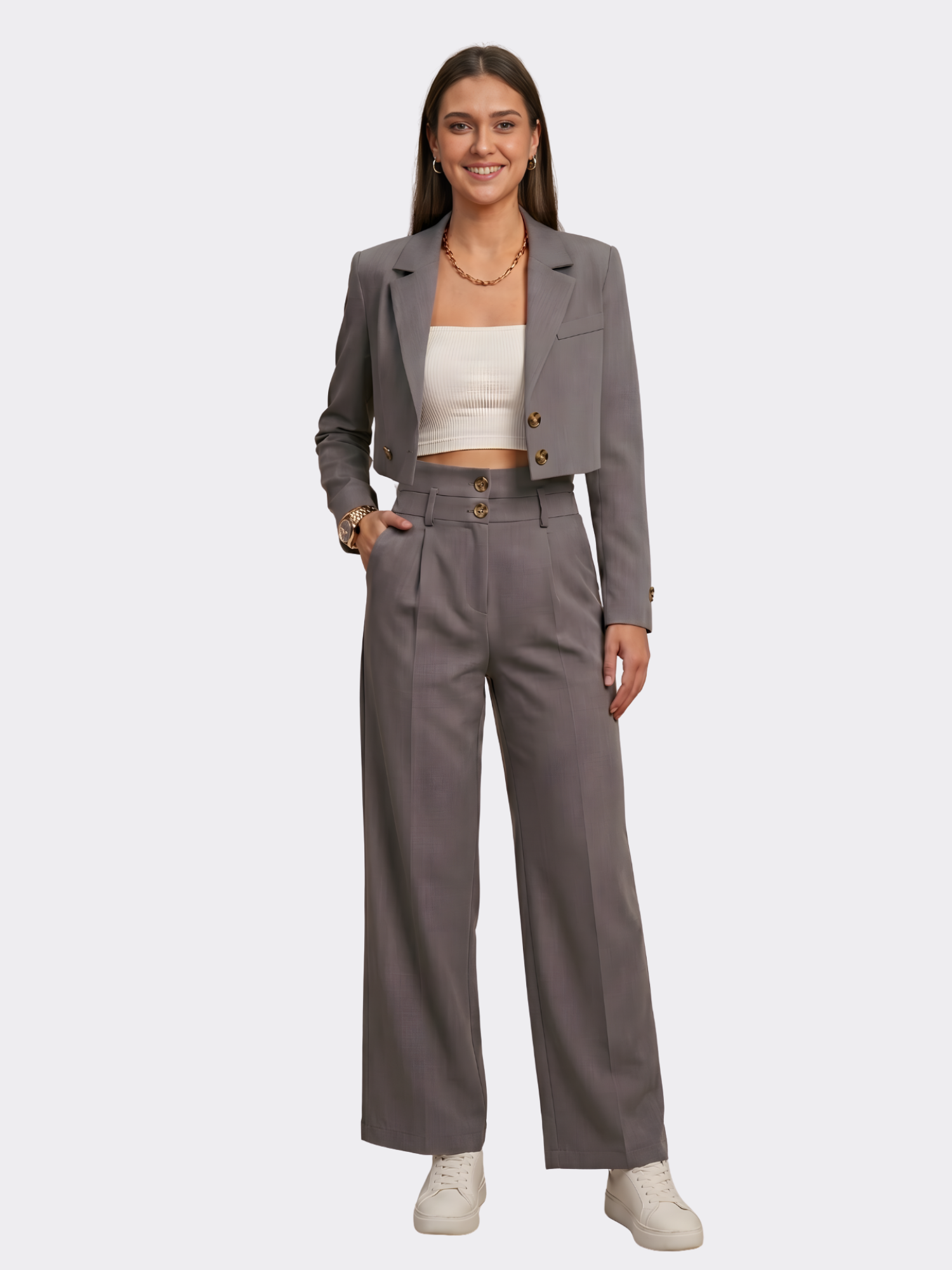 Women’s Two-Piece Suit Set – Grey Cropped Blazer – High-Waist Wide-Leg Trousers