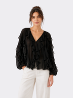 Women’s V-Neck Ruffle Blouse – Long Sleeve, Regular Fit