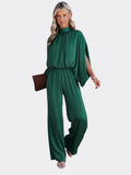 Women’s Wide-Leg Jumpsuit – Mock Neck with Split Cape Sleeves and Elasticated Waist