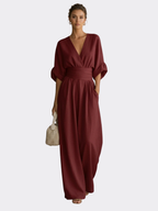 Women’s Wide-Leg Wrap Jumpsuit – V-Neck with Three-Quarter Sleeves