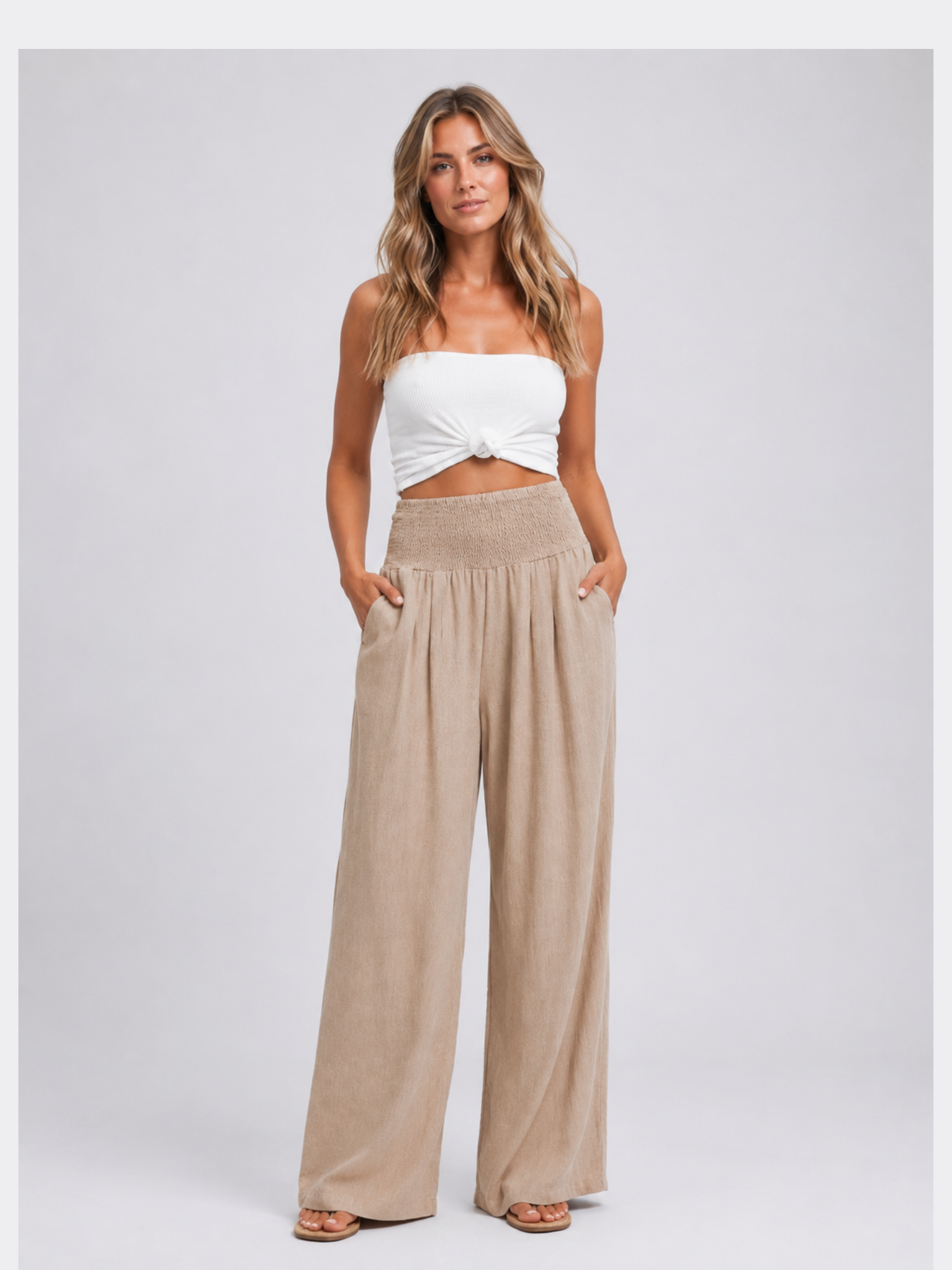Women’s Wide Leg Trousers – Smocked High Waist Design