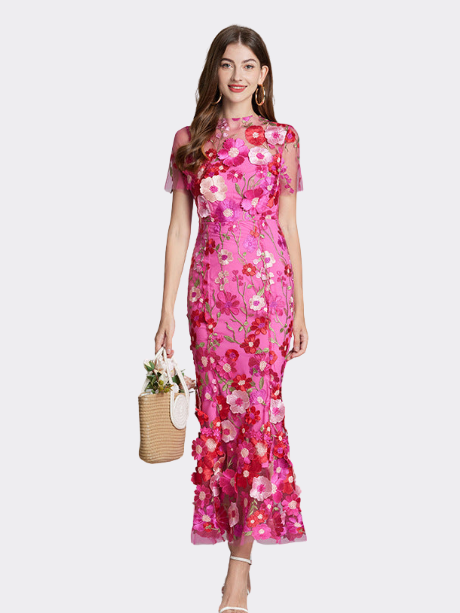 Floral Midi Dress – Refined 3D Detail & Sculpted Elegance