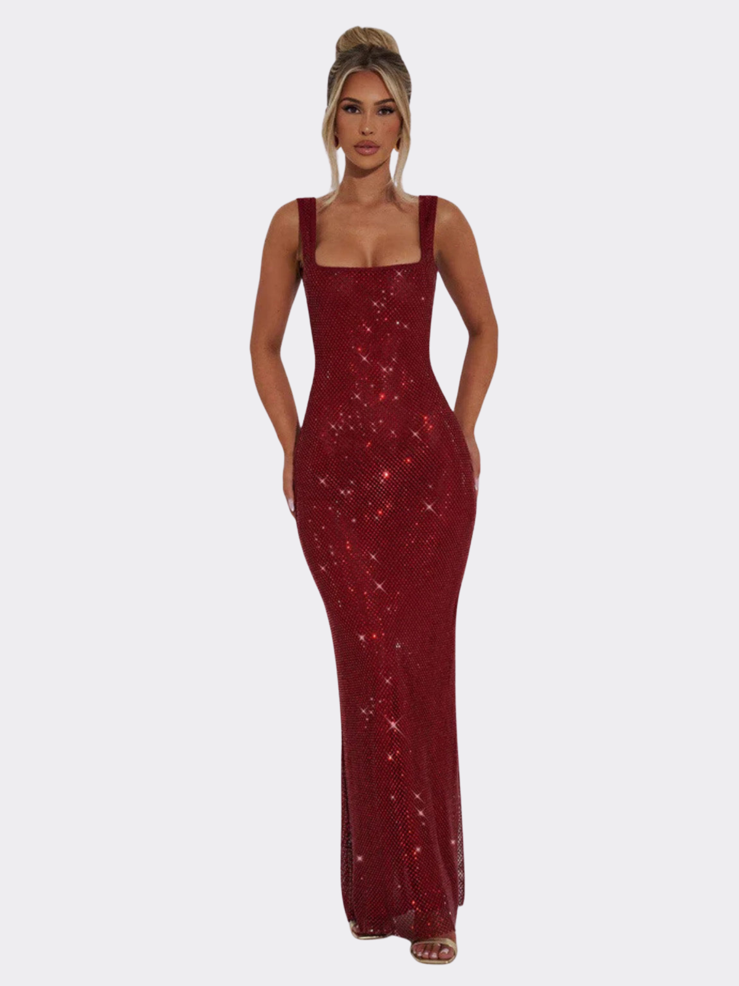 Women's Embellished Evening Gown with Square Neckline