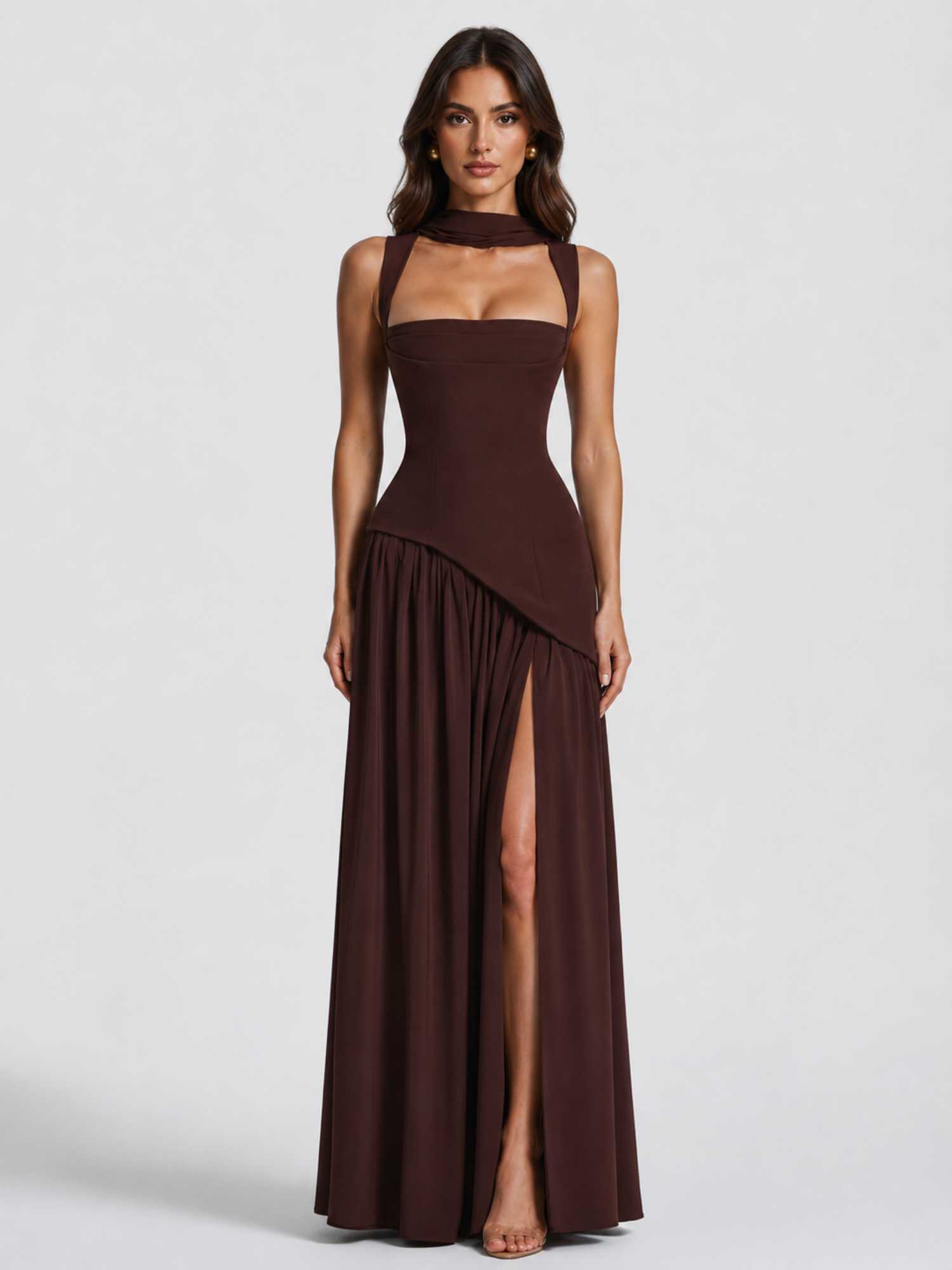 Draped Satin Maxi Dress – Modern Sculpted Elegance