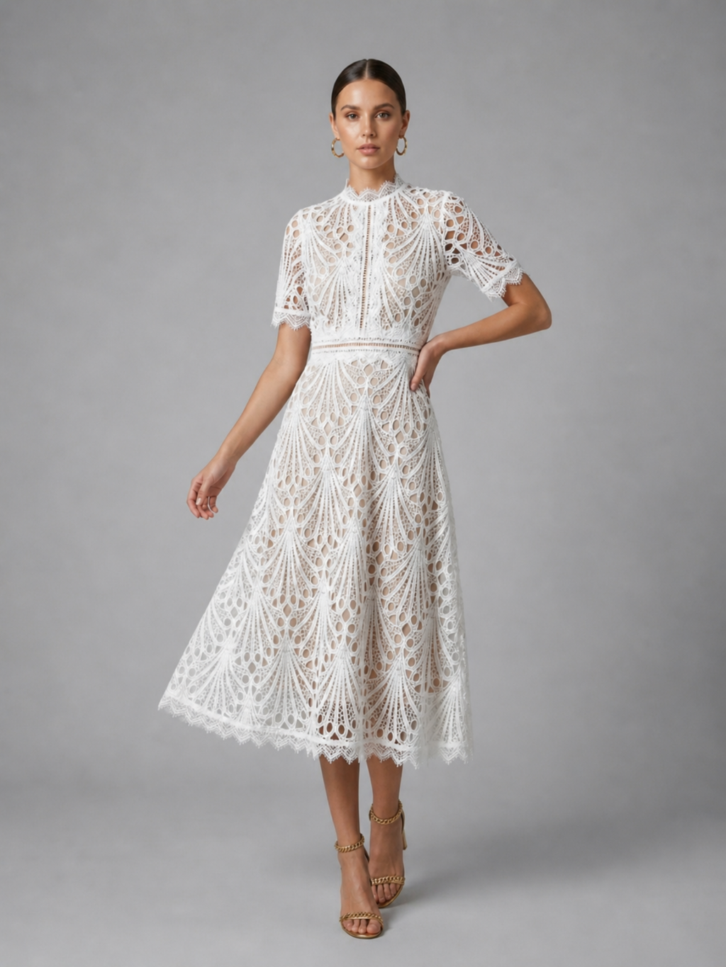 Elegant Lace Midi Dress – Refined High Neck A-Line Silhouette