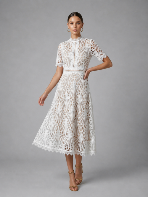 Elegant Lace Midi Dress – Refined High Neck A-Line Silhouette