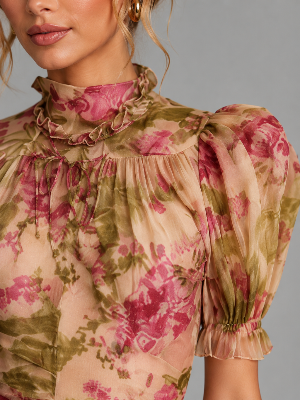 Women's Floral Chiffon Maxi Dress – Romantic Puff Sleeve Fishtail Elegance