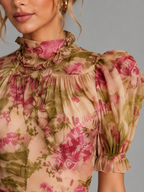Women's Floral Chiffon Maxi Dress – Romantic Puff Sleeve Fishtail Elegance
