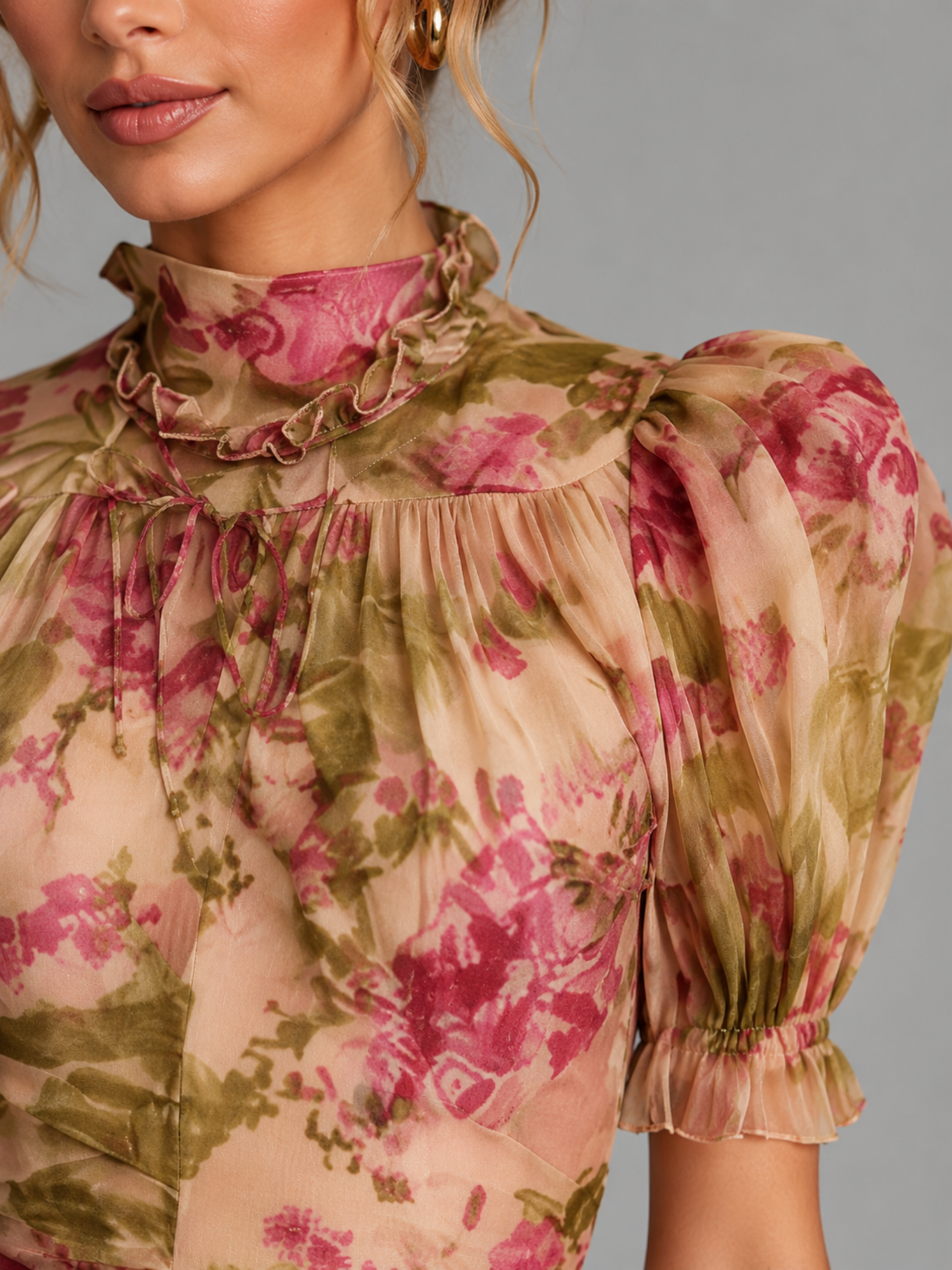 Women's Floral Chiffon Maxi Dress – Romantic Puff Sleeve Fishtail Elegance