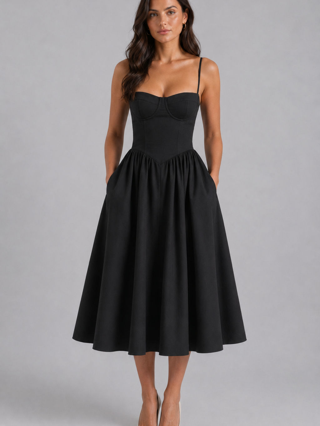 Floral Corset Midi Dress – Romantic Wedding Guest Elegance