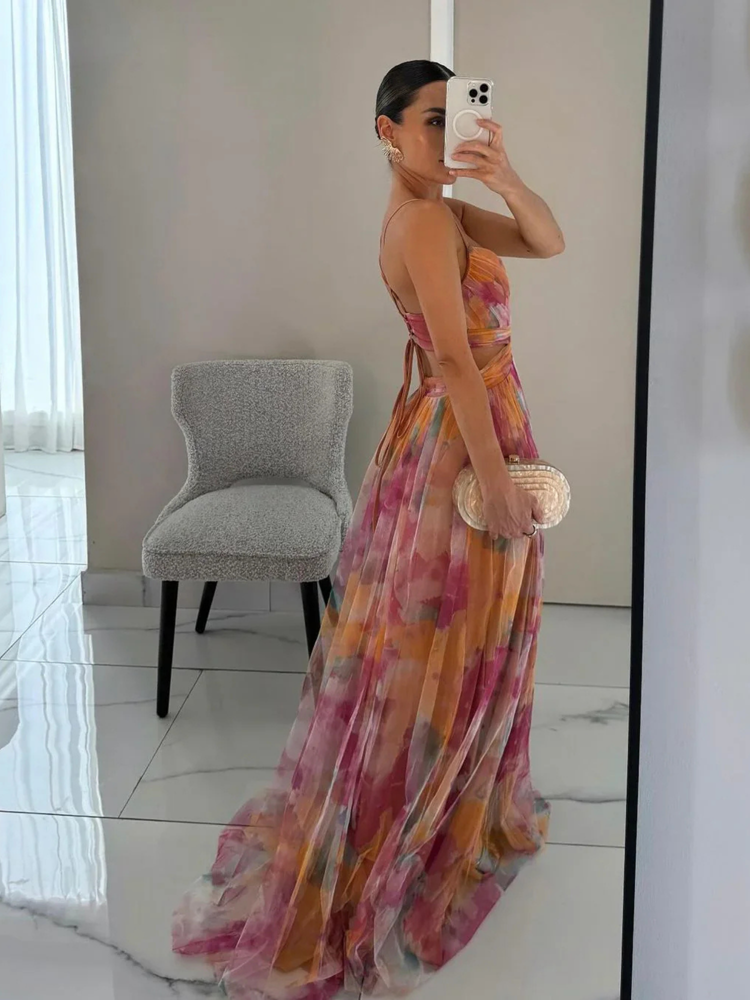 Women's Floral Print Maxi Dress with Adjustable Back