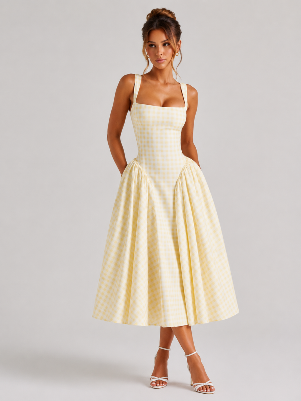 Gingham Midi Dress – Structured Charm with Feminine Volume