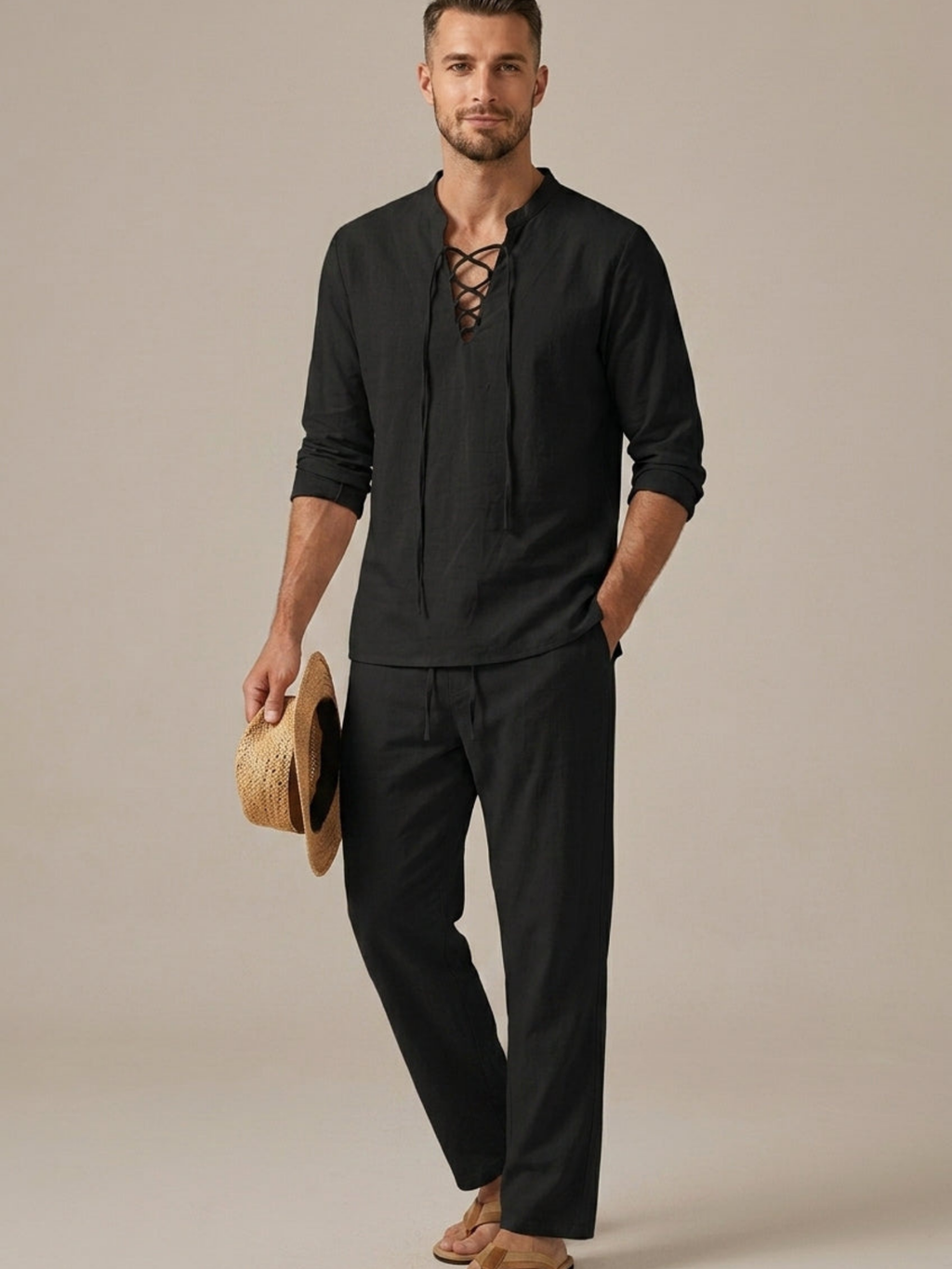 Men’s Lace-Up V-Neck Shirt & Wide-Leg Trouser Two-Piece Set