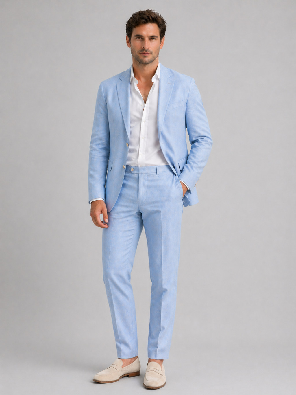 Men’s Linen-Blend Two-Piece Suit Set – Tailored Blazer & Straight-Leg Trousers