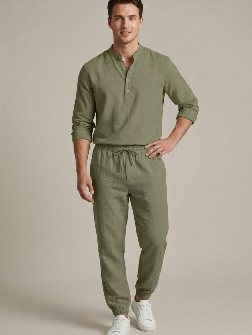 Men’s Long Sleeve Button-Up Shirt & Trousers Two-Piece Set