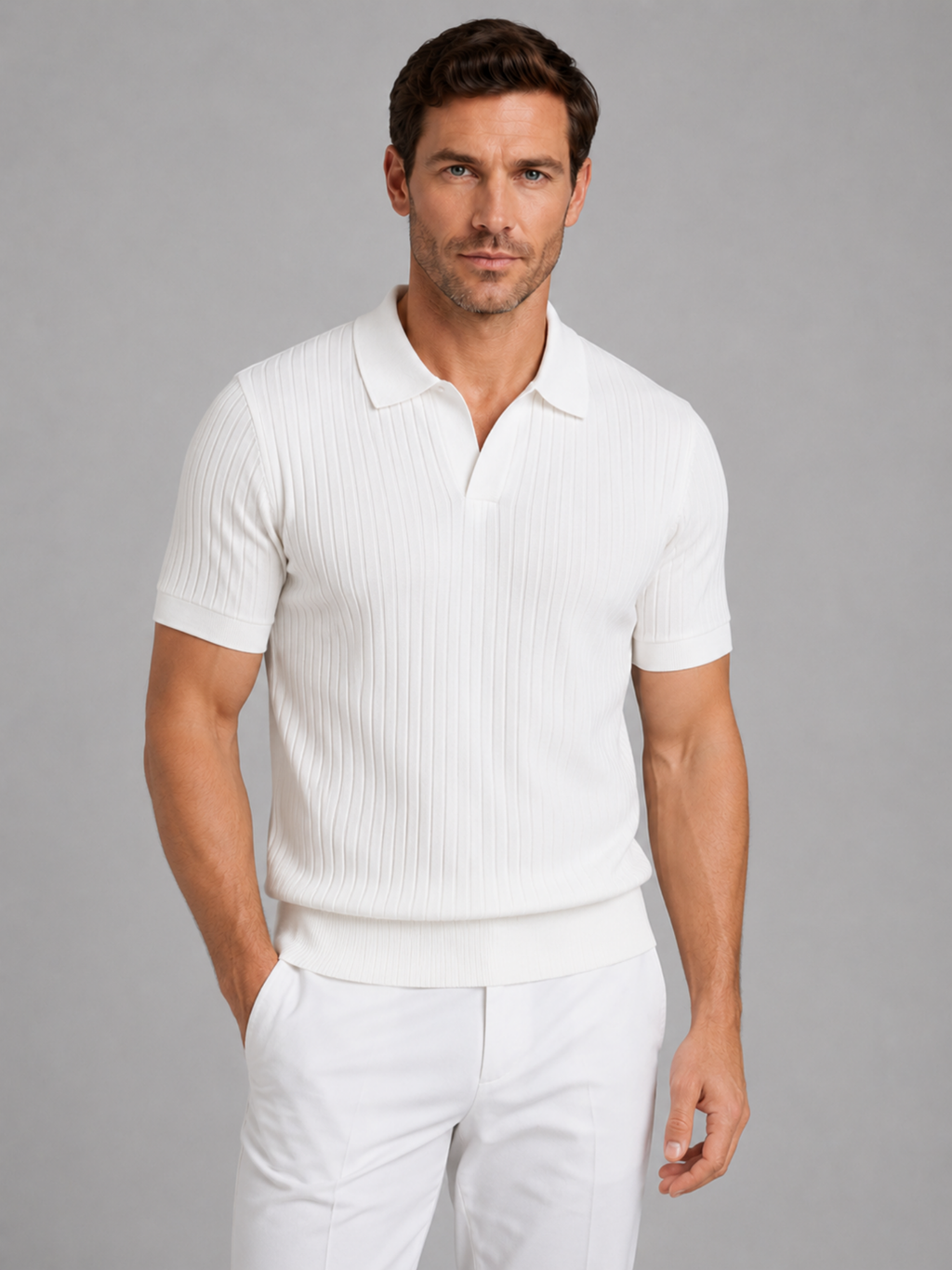 Men’s Ribbed Knit Polo Shirt – Tailored Short Sleeve Design