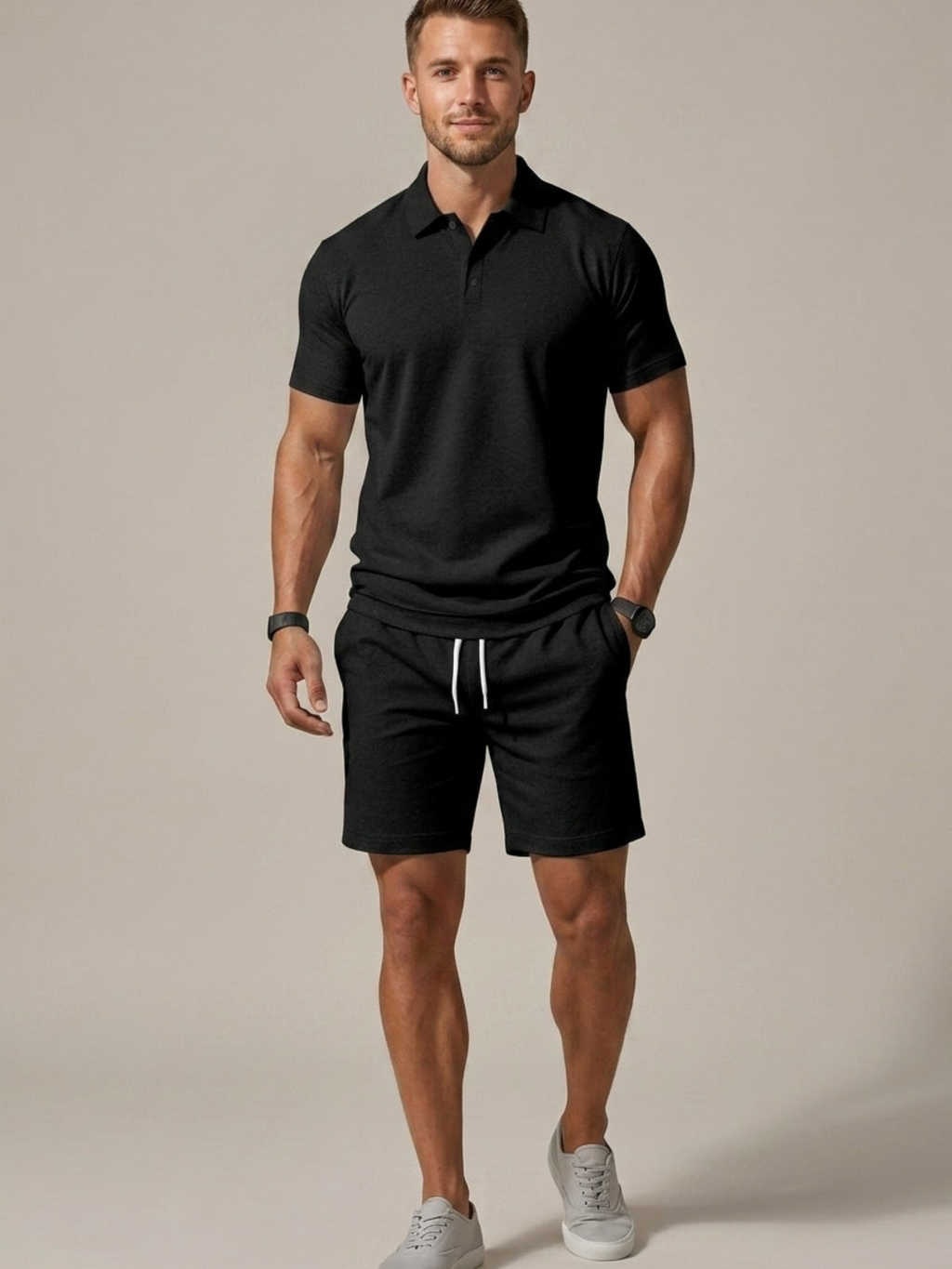 Men’s Short Sleeve Shirt & Drawstring Shorts Two-Piece Set