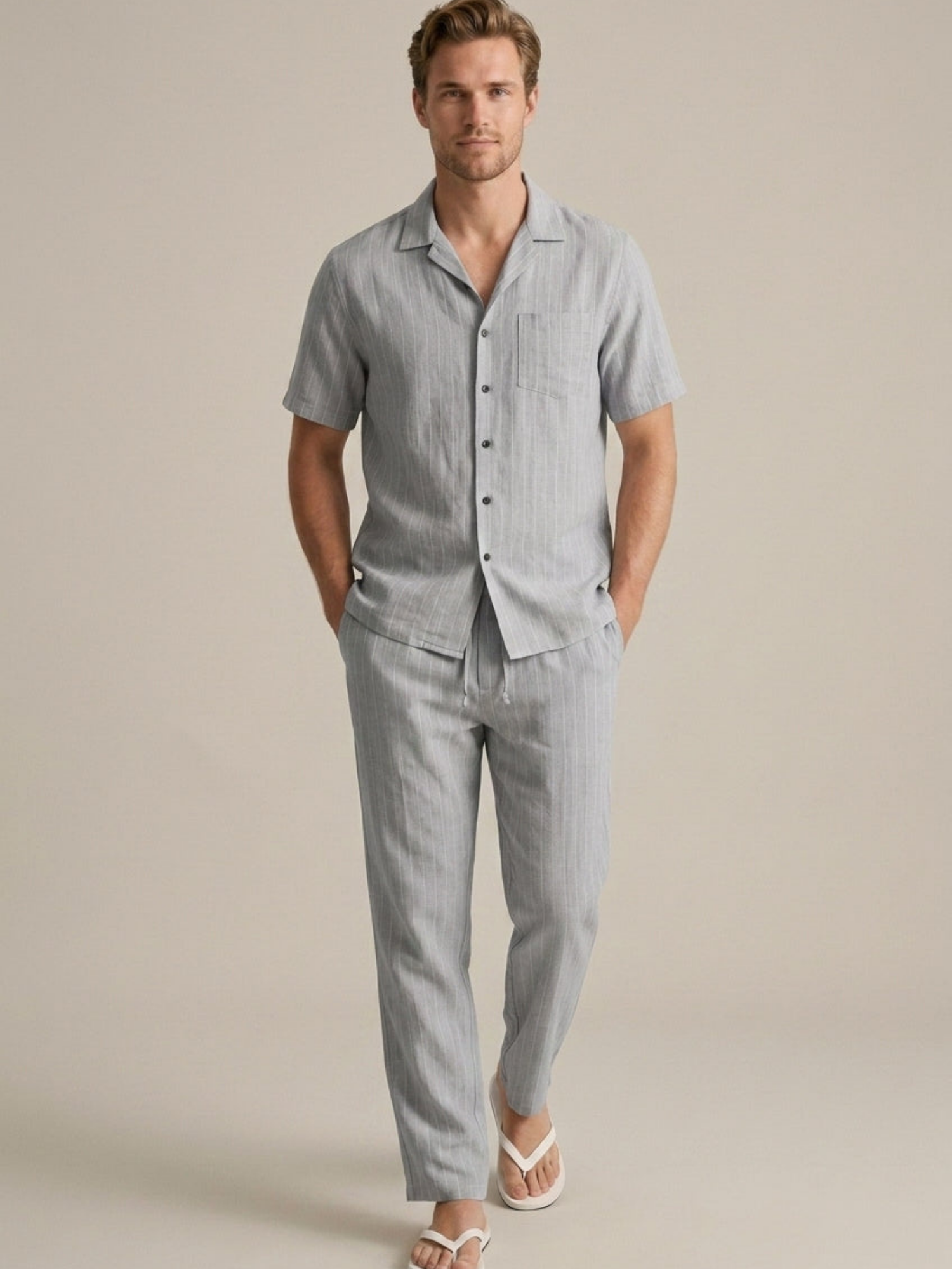 Men’s Short Sleeve Shirt & Long Trousers Two-Piece Set – Single Button Design