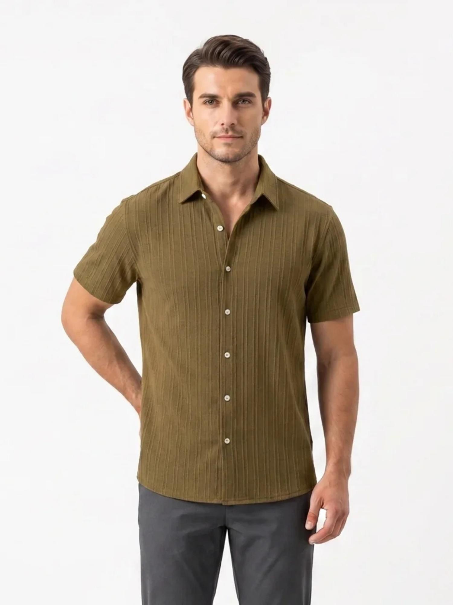 Men’s Short Sleeve Textured Button-Up Shirt – Slim Fit