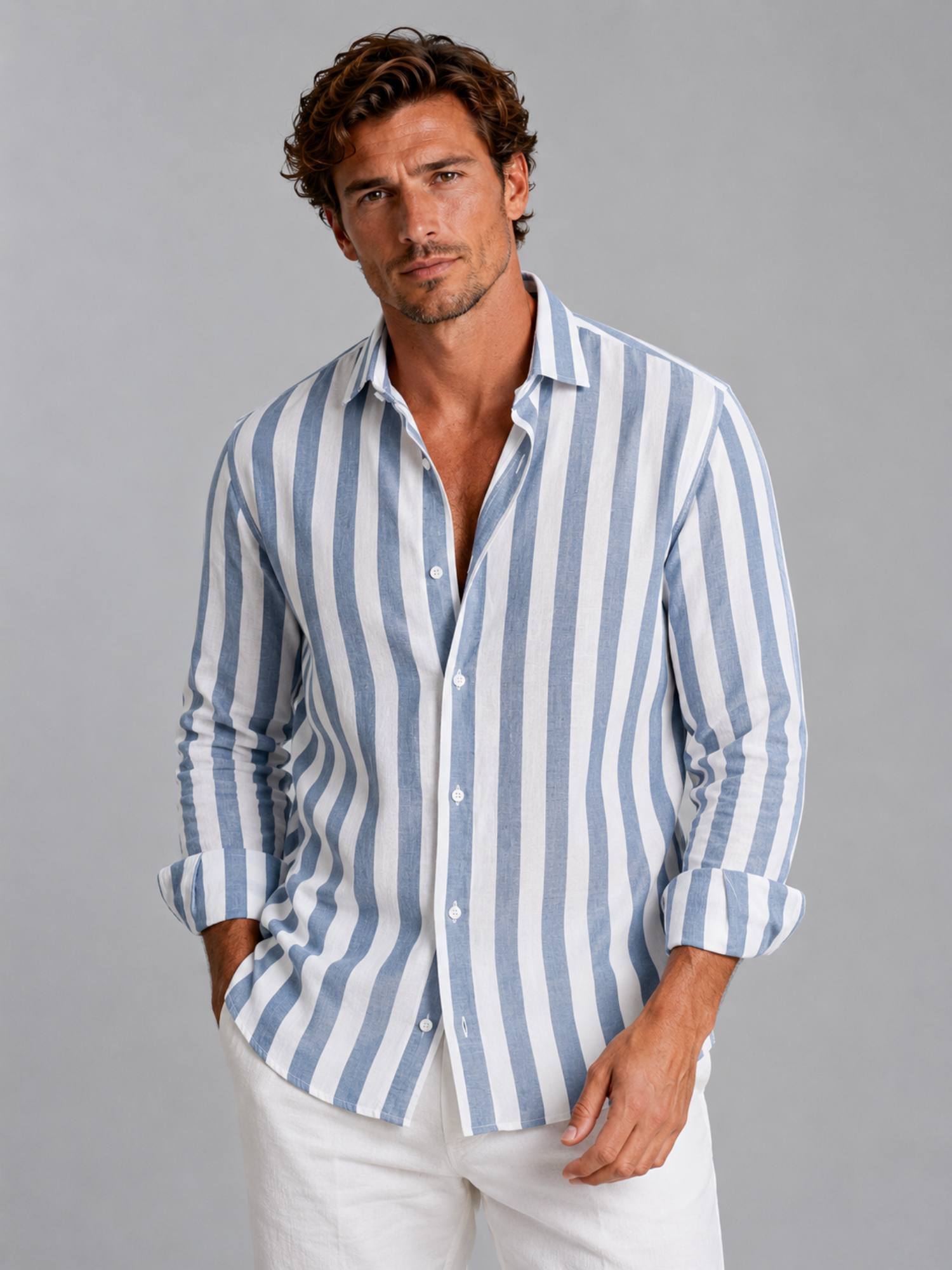 Men’s Striped Button-Up Shirt – Relaxed Summer Design