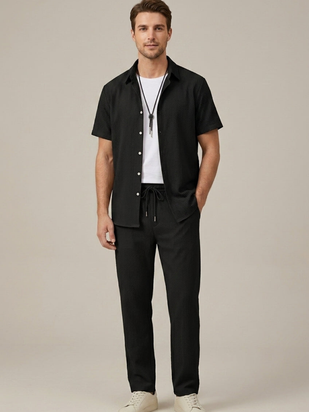 Men’s Waffle Textured Shirt & Straight-Leg Trouser Two-Piece Set