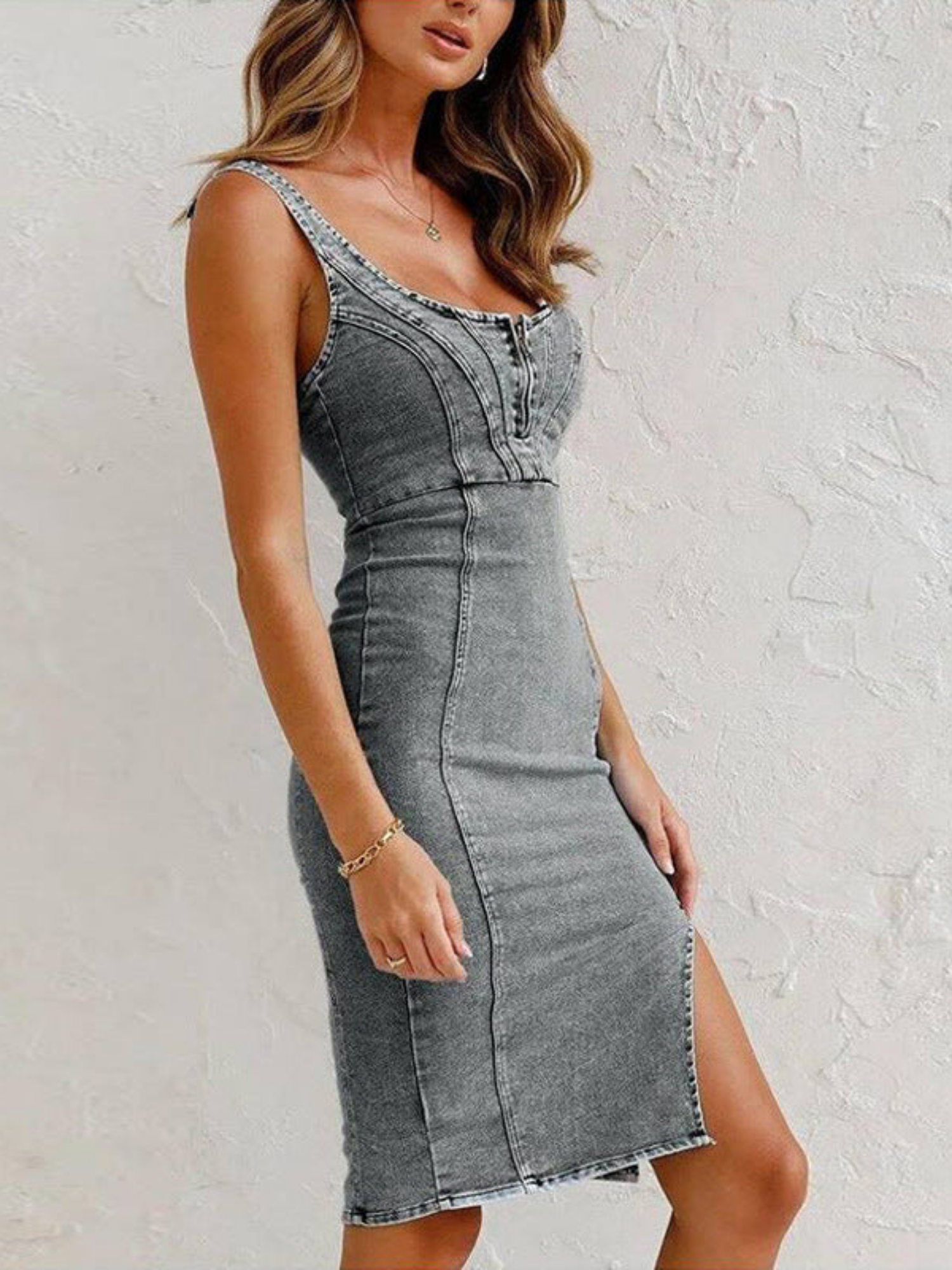 Women's Midi Dress with Front Slit and Panel Detailing