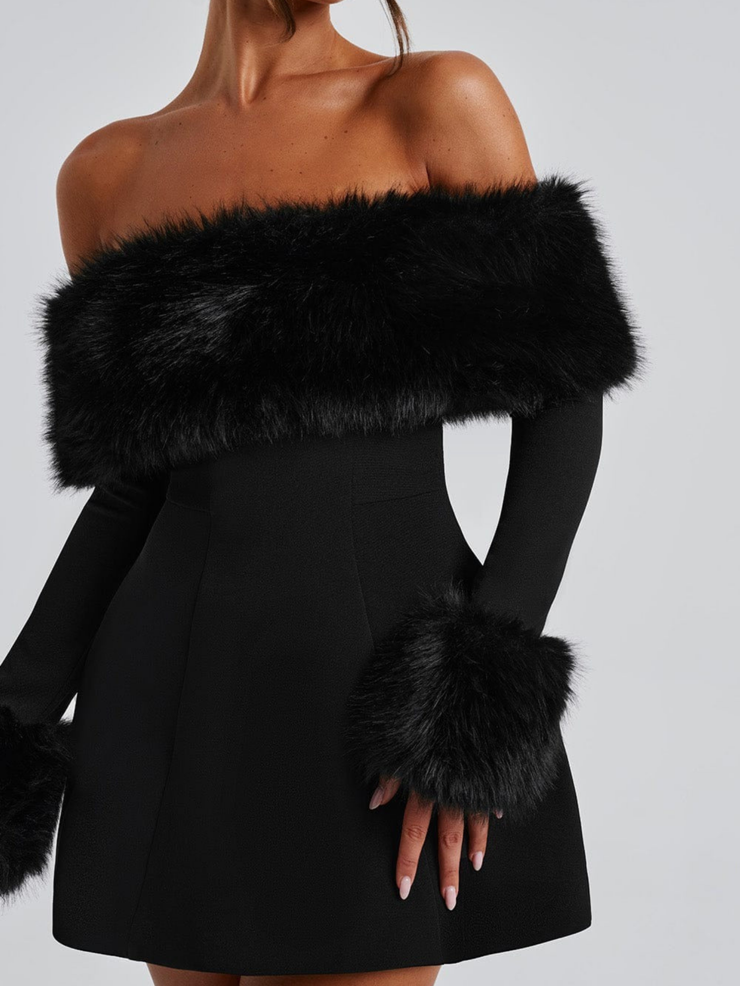 Women's Off-Shoulder Mini Dress with Faux Fur Trim