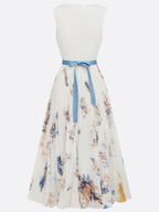 Women's Pleated Midi Dress with V-Neck and Abstract Print