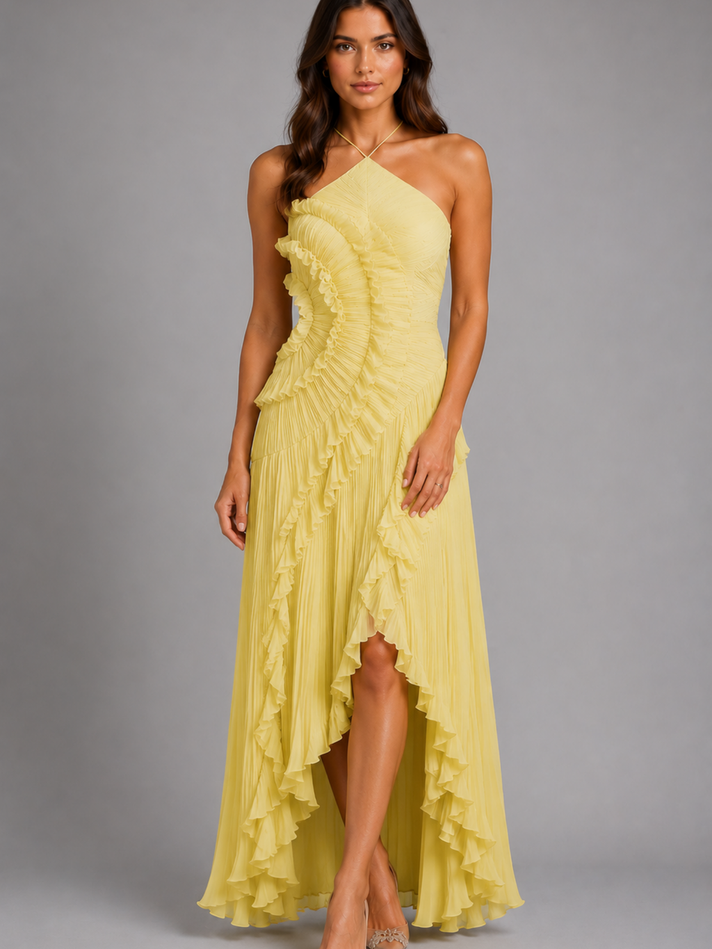 Women's Pleated Ruffle Halter Maxi Dress – Flowing Elegance for Special Occasions