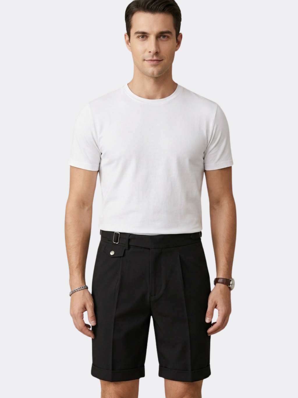 Men's Pleated Tailored Shorts with Side Buckles