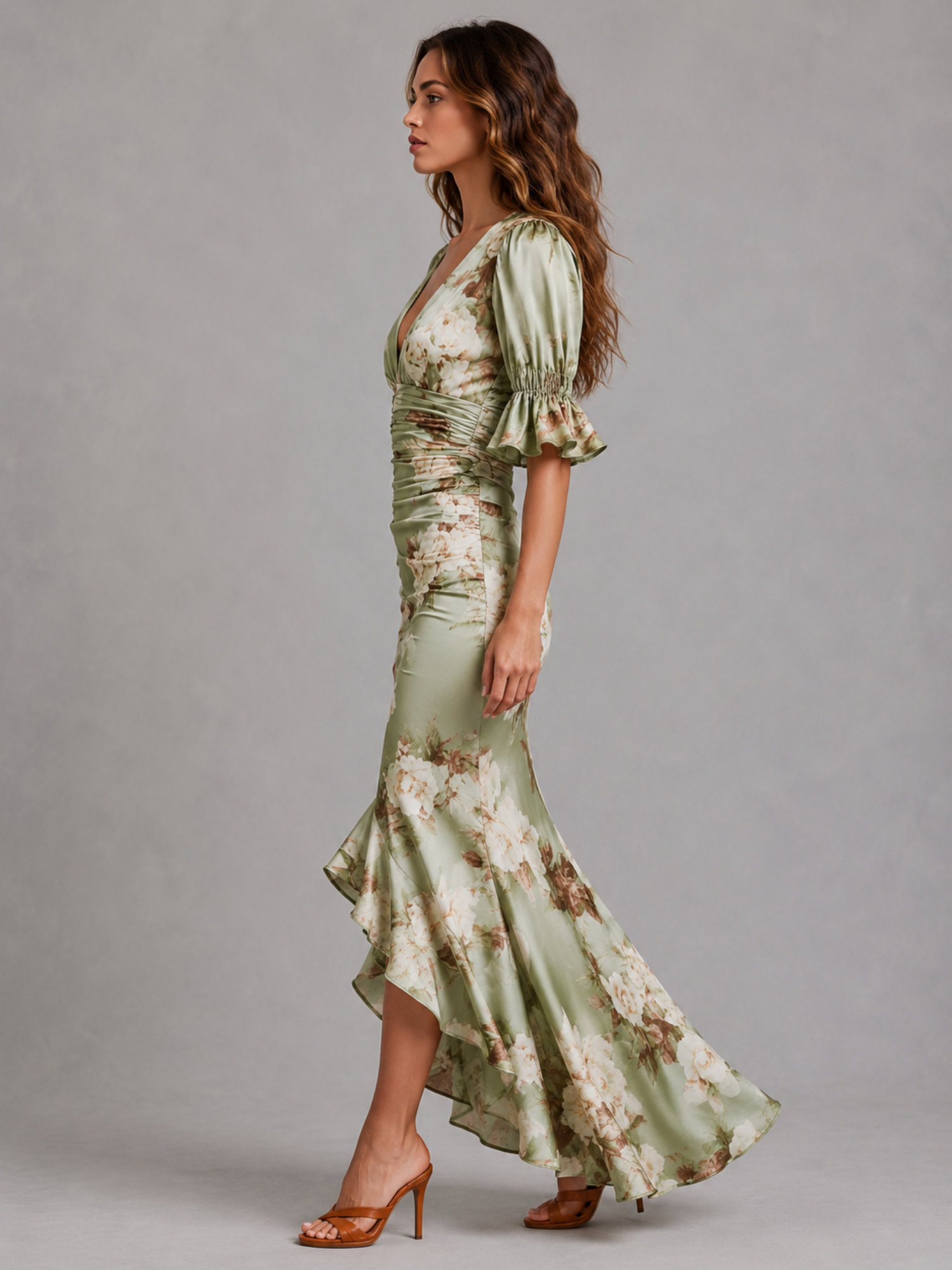 Satin Floral Maxi Dress – Graceful Movement & Sculpted Fit