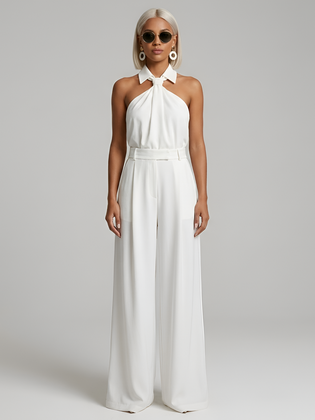 Women’s Halter Neck Wide-Leg Jumpsuit – Twist Front with Belted Waist