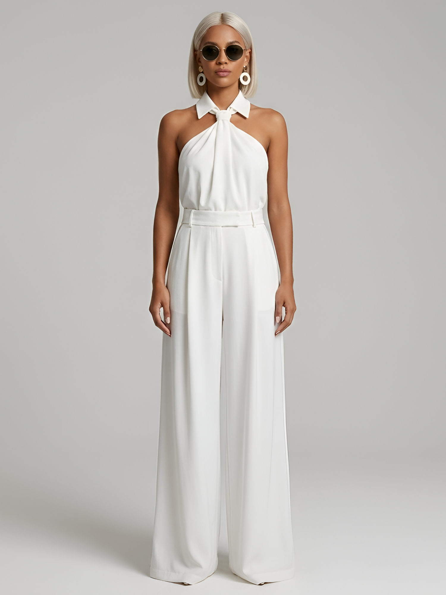 Women’s Halter Neck Wide-Leg Jumpsuit – Twist Front with Belted Waist