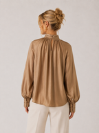 Women’s High-Neck Blouse – Long Sleeve, Draped Front Detail, Structured Fit