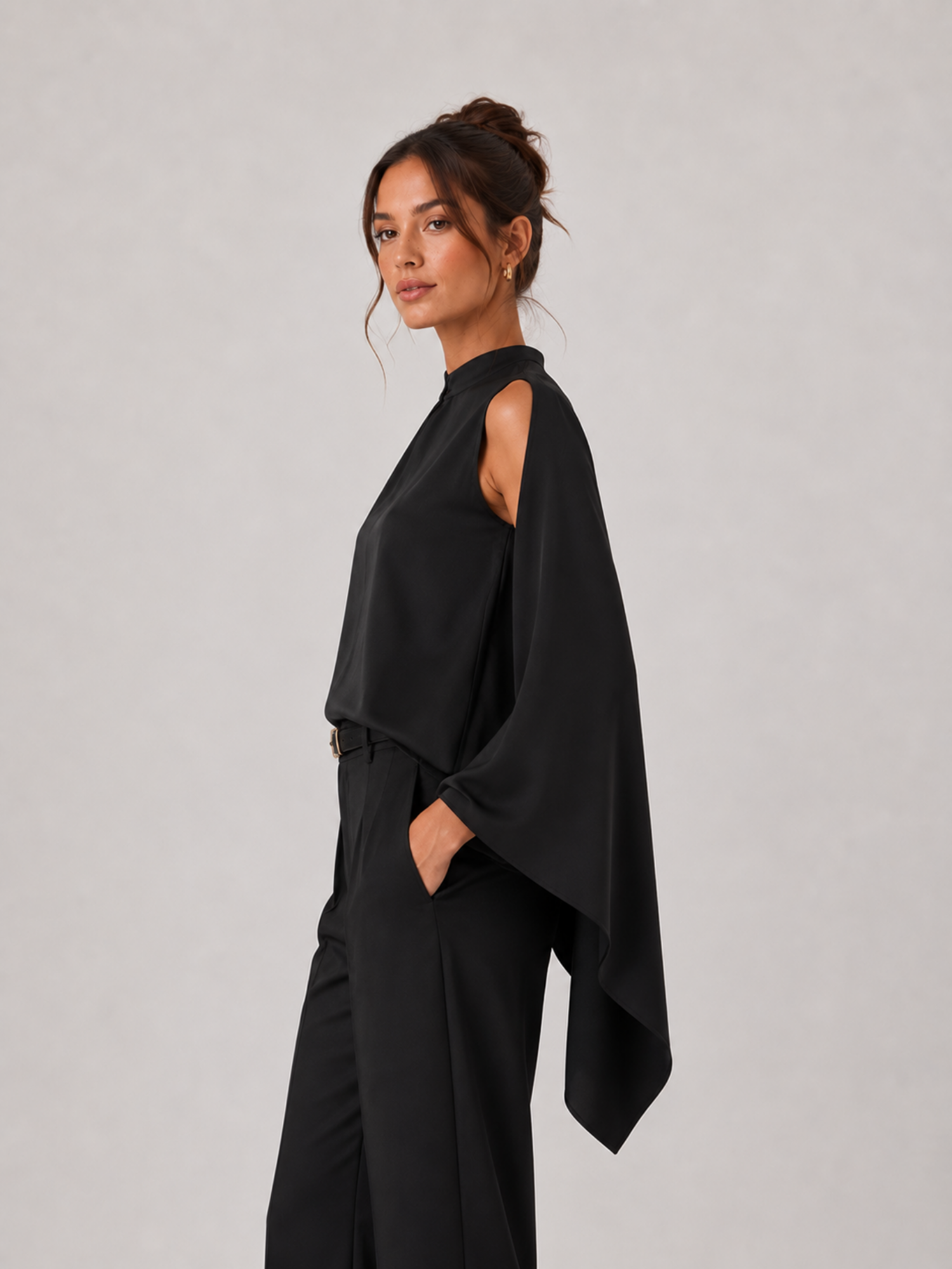 Women’s High-Neck Draped Top – Long Sleeve, Structured Fit