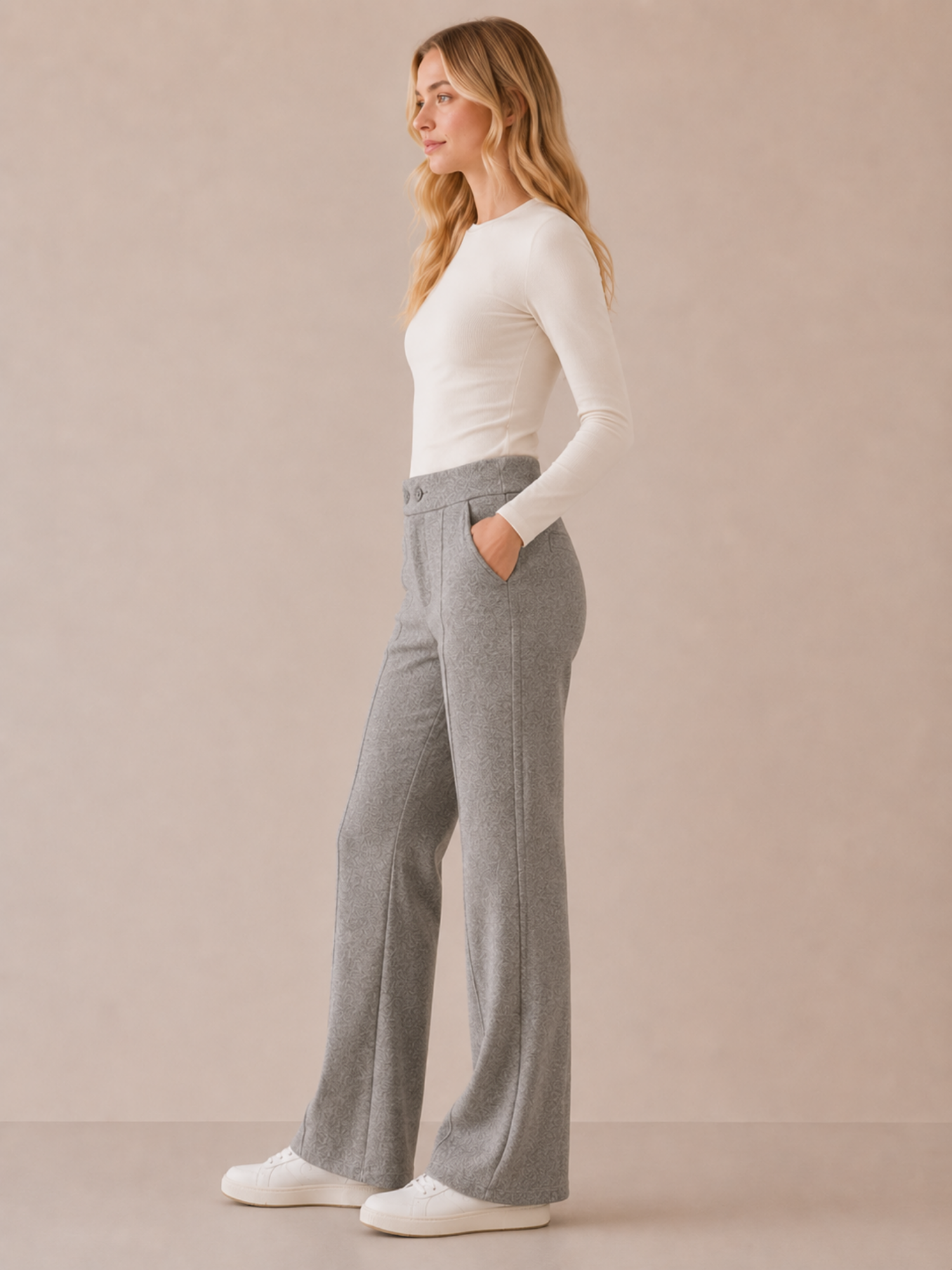 Women’s High-Waist Flared Trousers – Full Length, Button Closure