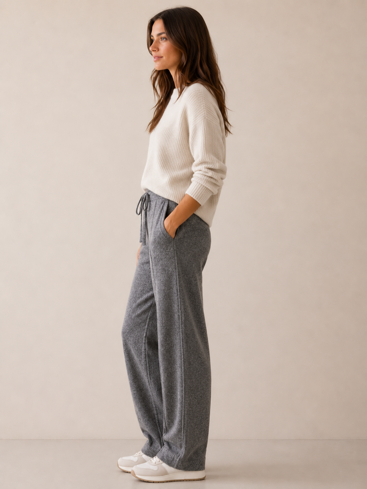 Women’s High-Waist Straight-Leg Trousers – Full Length, Elastic Waist, Adjustable Drawstring