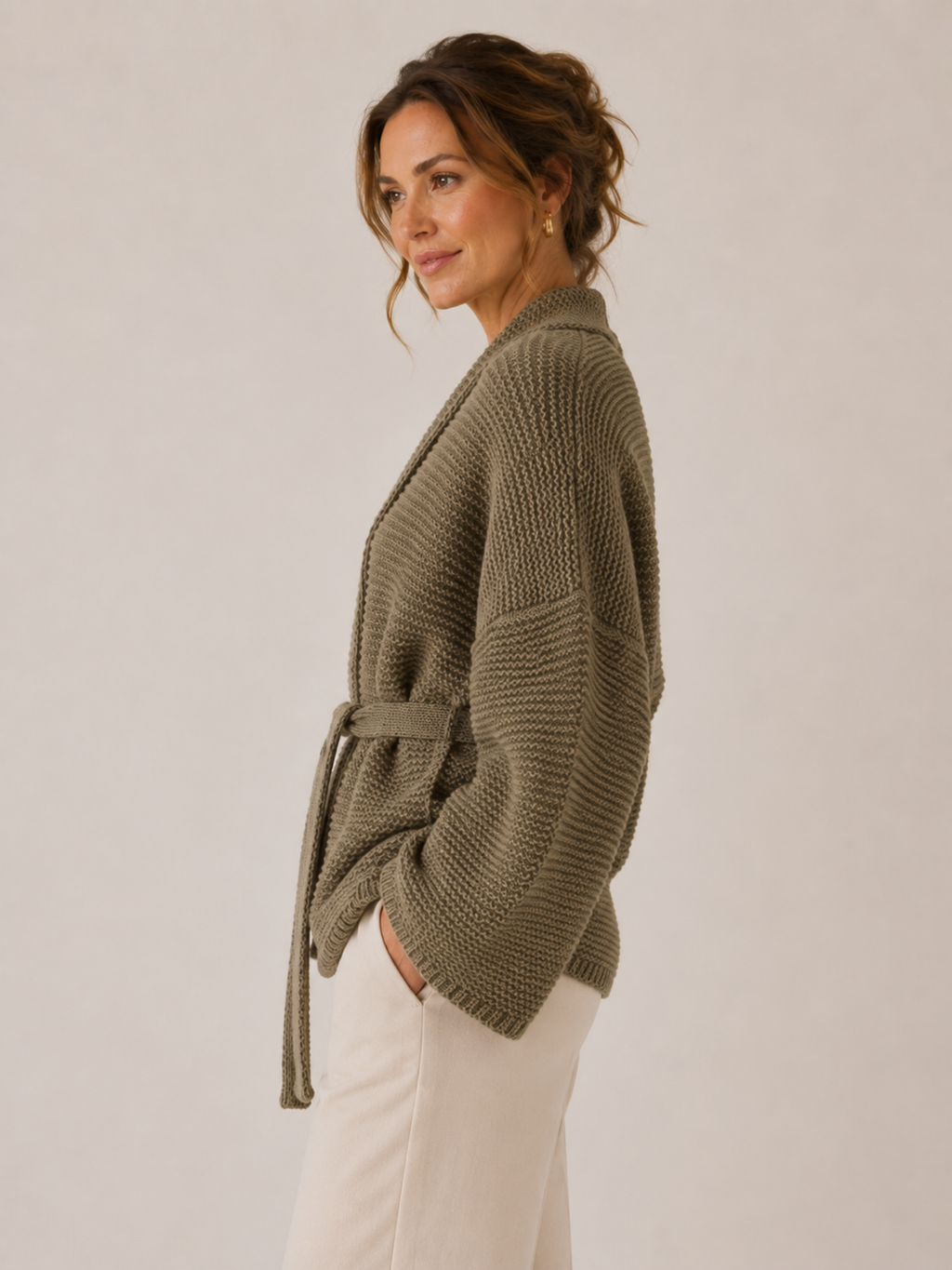Women’s Knit Open-Front Cardigan – Self-Tie Belt, Long Sleeve, Relaxed Fit