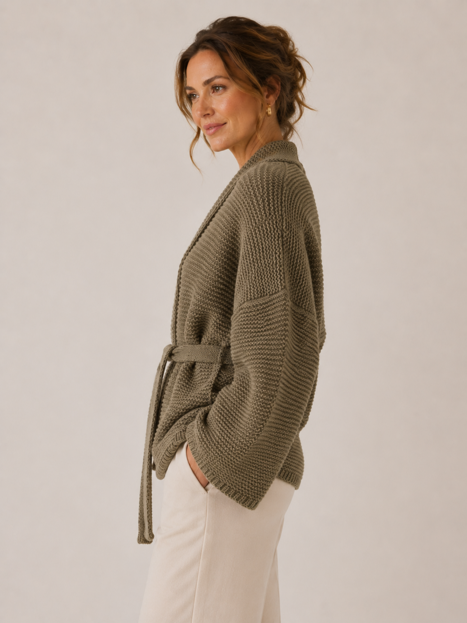 Women’s Knit Open-Front Cardigan – Self-Tie Belt, Long Sleeve, Relaxed Fit