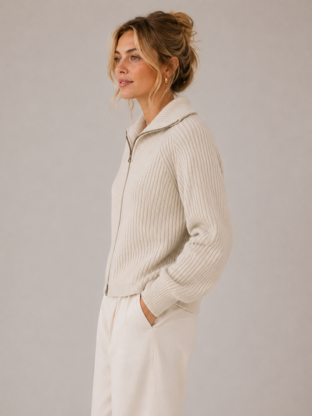 Women’s Knit Zip-Up Cardigan – Turn-Down Collar, Full Zip, Long Sleeve, Regular Fit
