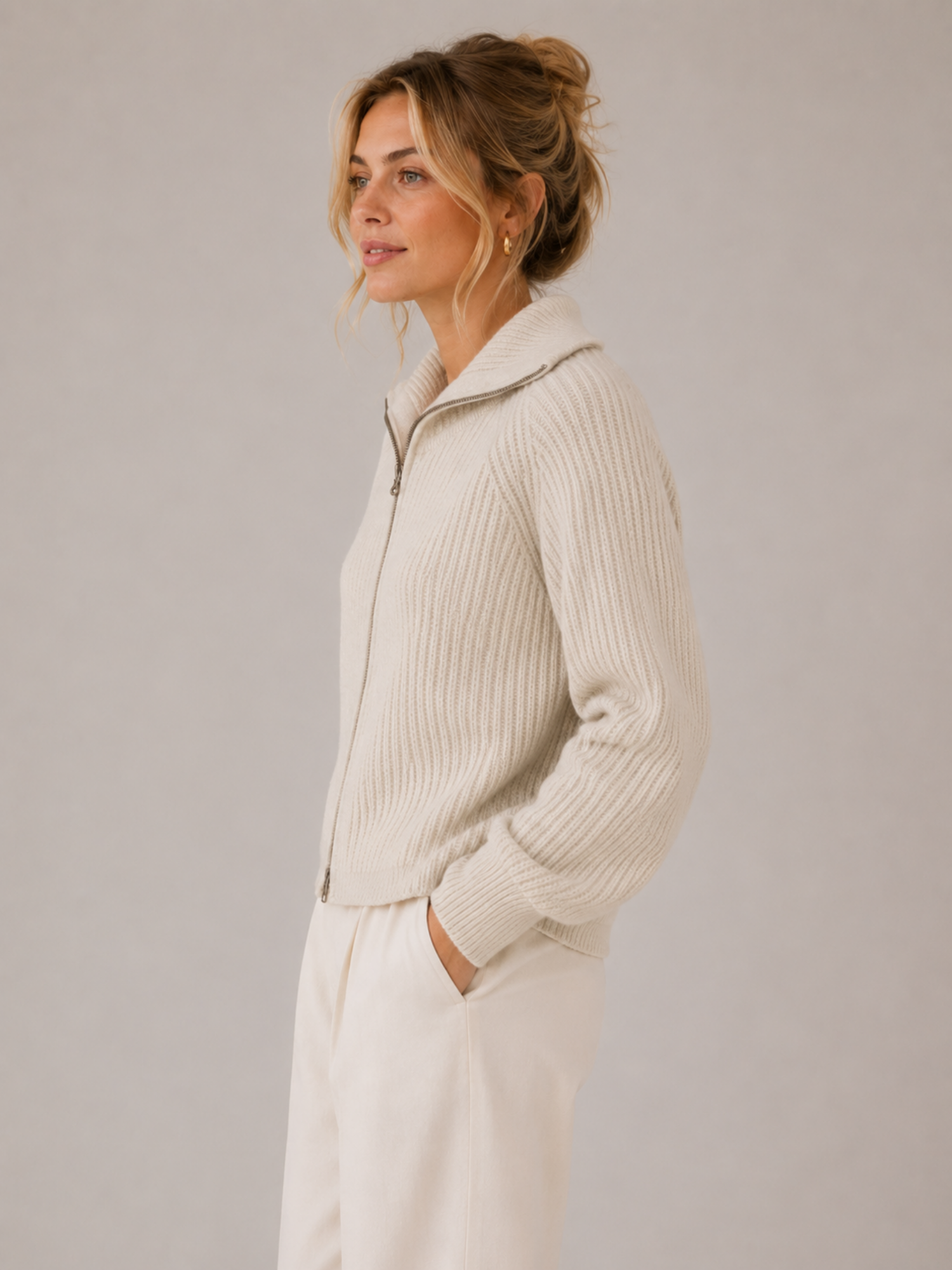 Women’s Knit Zip-Up Cardigan – Turn-Down Collar, Full Zip, Long Sleeve, Regular Fit