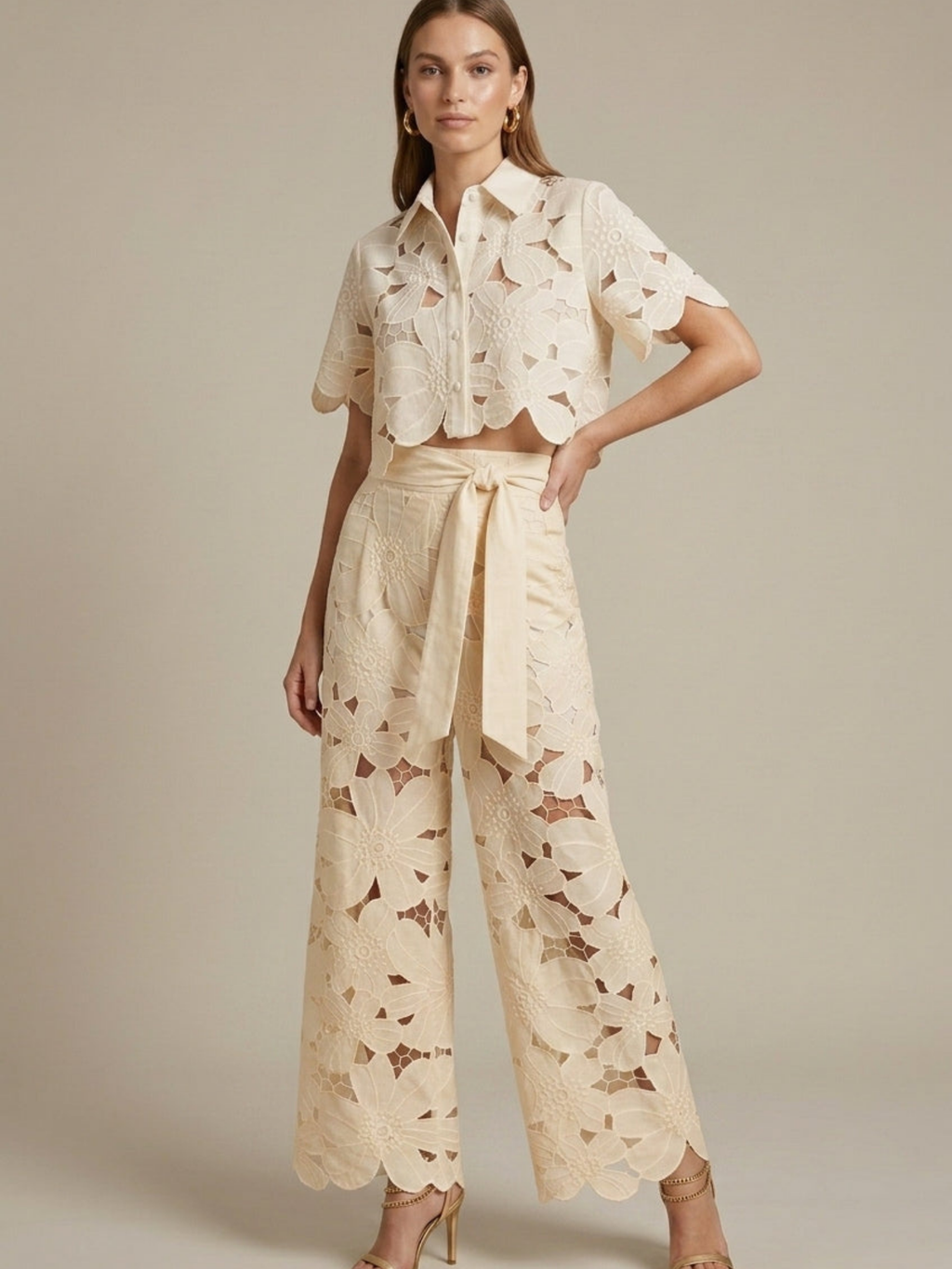 Women’s Lace Two-Piece Set – Cape Overlay Crop Top – Wide-Leg Trousers