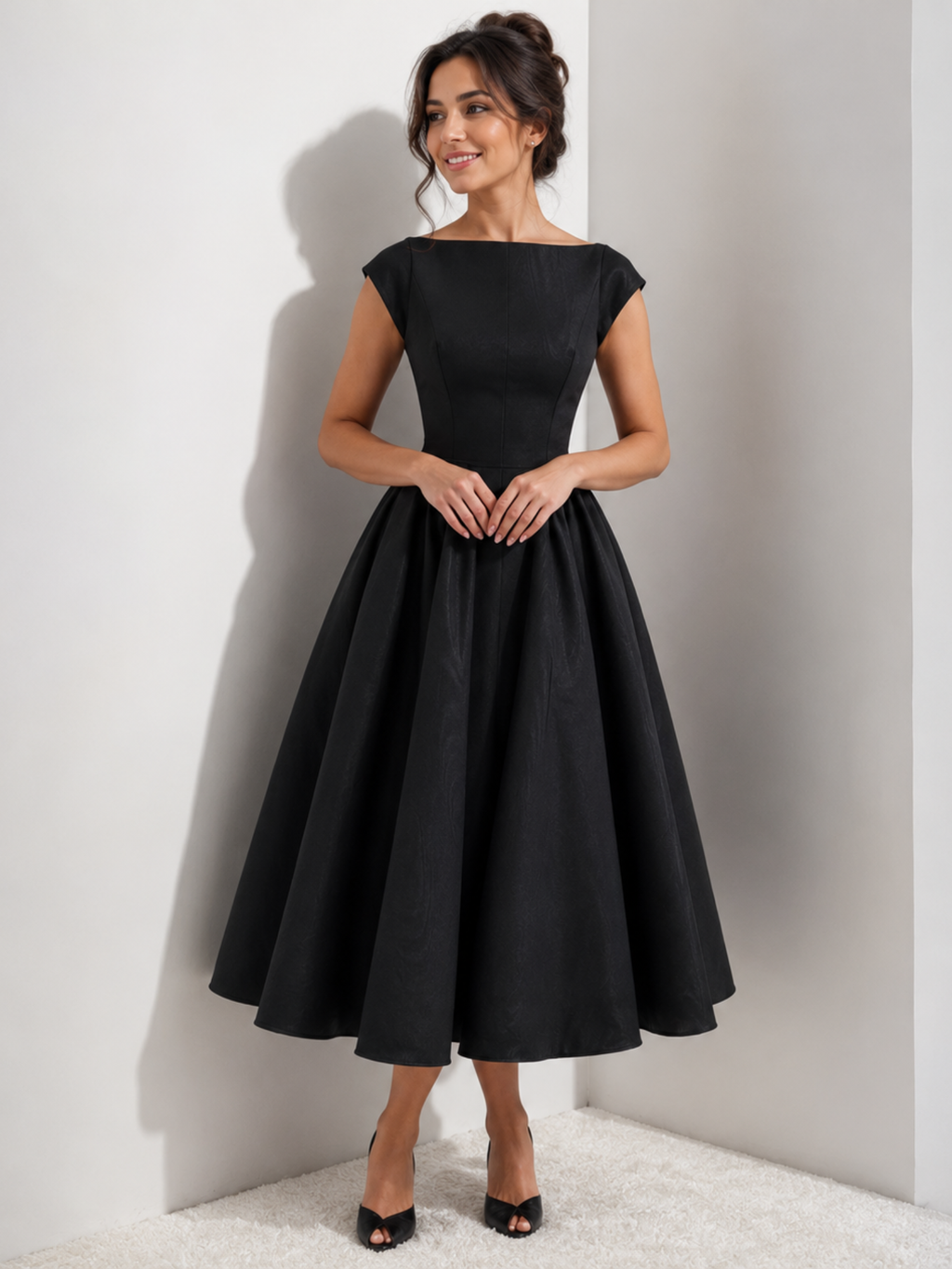 Women's Midi Dress with Cap Sleeves and Boat Neck